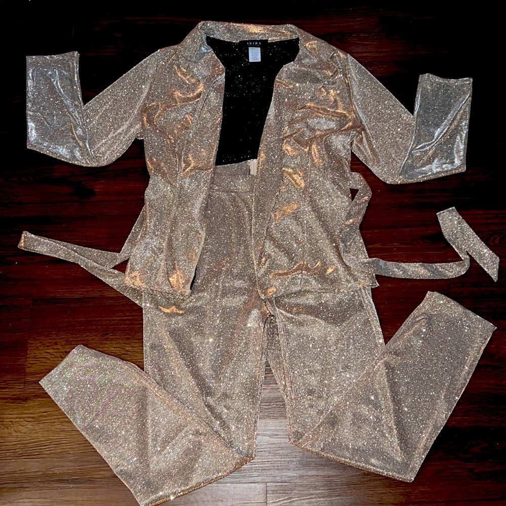 2 piece gold shimmery suit